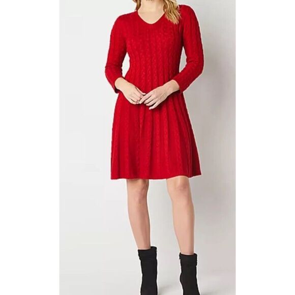 JH Jessica‎ Howard Size L Sweater Dress Red Fit Flare Career Skater Holiday Cozy - Picture 1 of 13